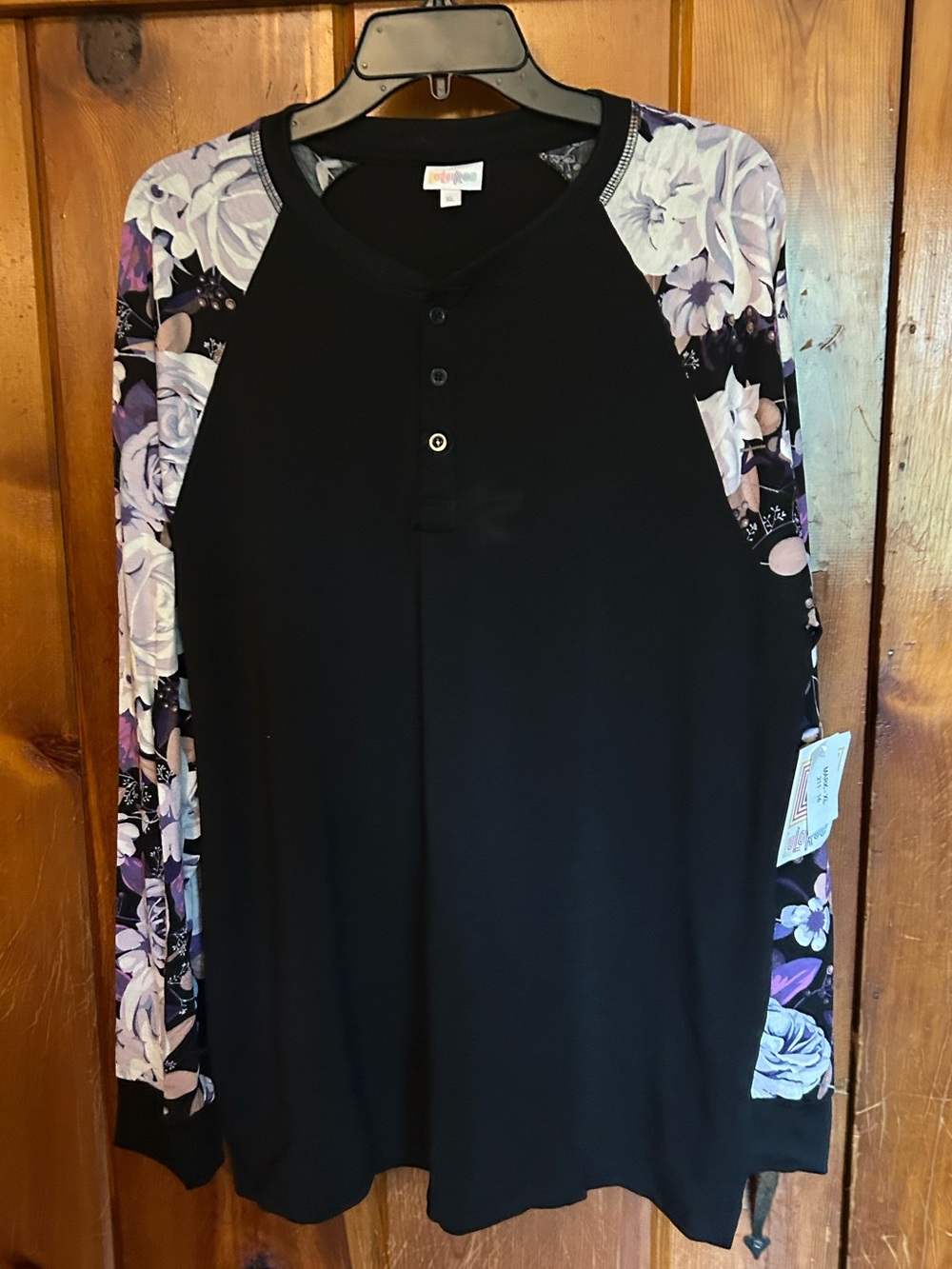 LuLaRoe Floral Sleeve Black Henley Top - Women's Mark - XL